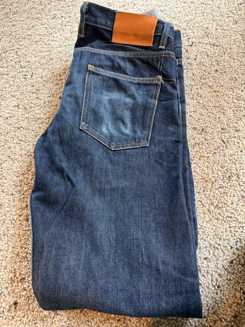 3sixteen Dark Blue Straight Leg Jeans with Tan Leather Patch, 38 inseam